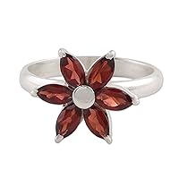 NOVICA Artisan Handmade Garnet Cocktail Ring .925 Sterling Silver Floral from India Red Birthstone 'Sparkling Daisy'