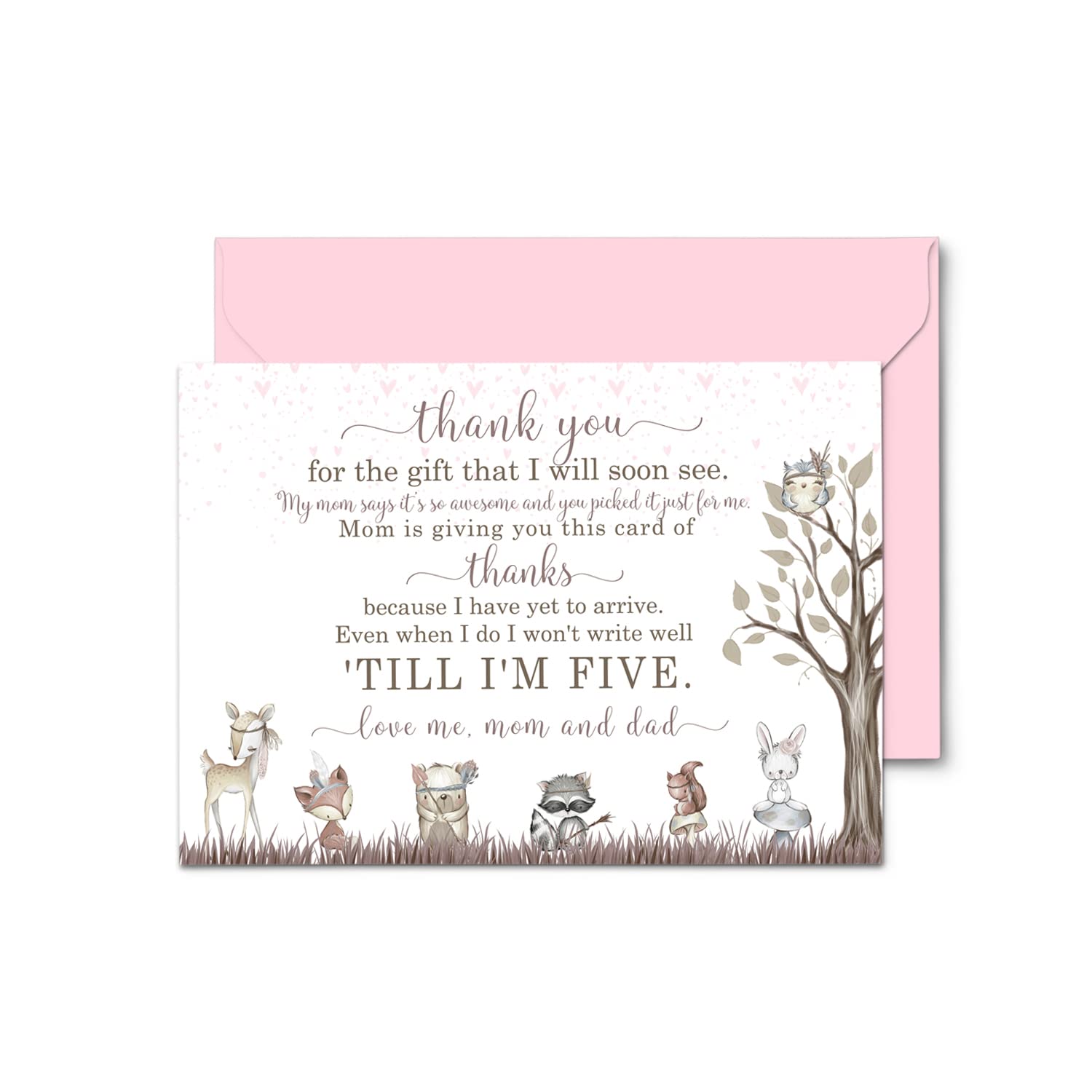 Girls Woodland Baby Shower Thank You Cards and Envelopes (15 Pack) Girls Notecards with Message from Babies – Rustic Floral Pink Boho Stationery Set 4x6