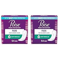 Poise Incontinence Pads & Postpartum Incontinence Pads, 3 Drop Light Absorbency, Regular Length, 54 Count, Packaging May Vary (Pack of 2)
