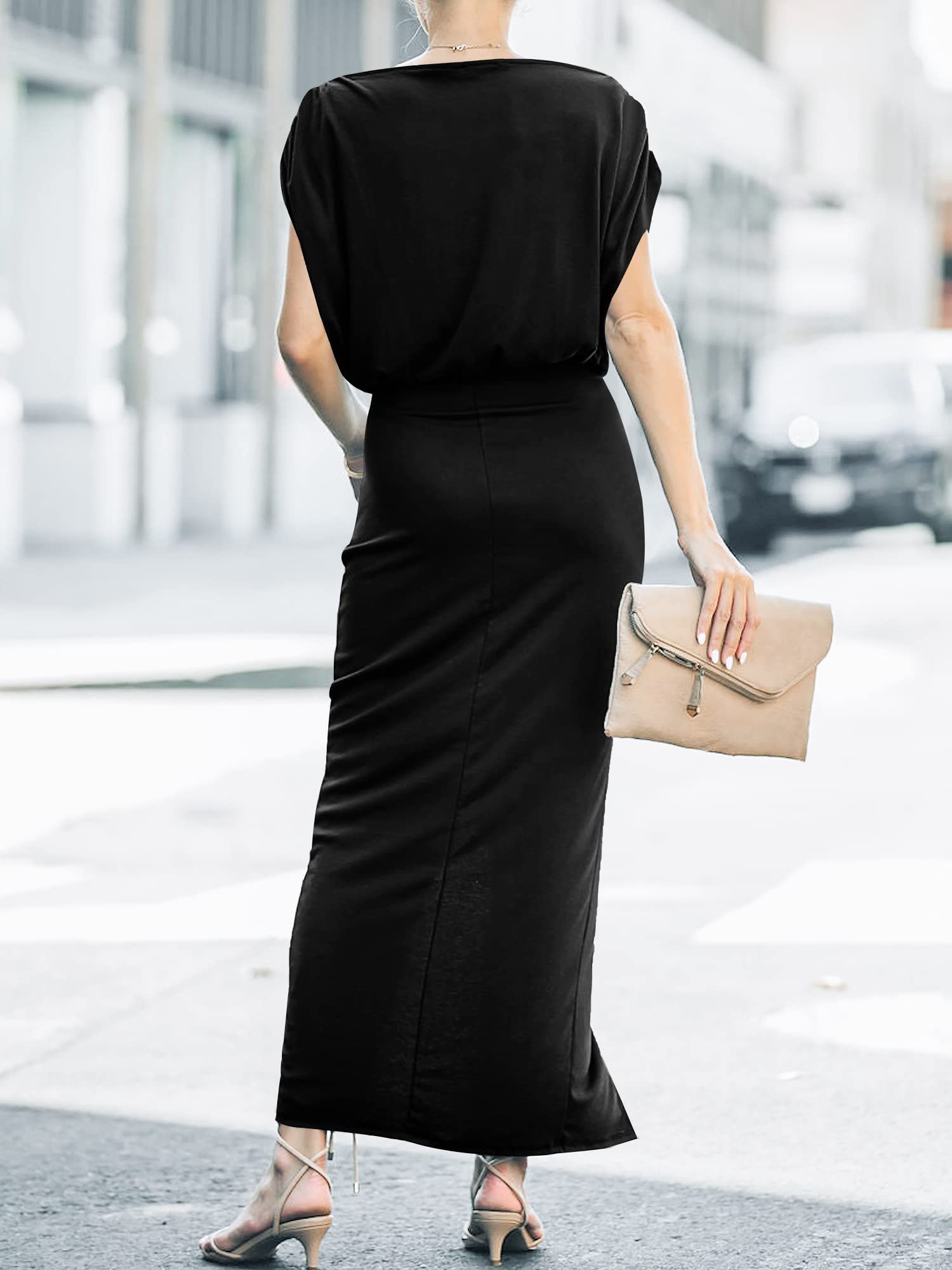 ANRABESS Women's Off The Shoulder Summer Short Sleeve Wrap Slit Bodycon Maxi Elegant Dress