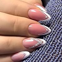 Pink Press on Nails Medium, Bling White Fake Nails Almond Acrylic False Nails Crystal,French Artificial Nails for Women and Girls,24 pcs