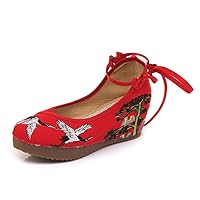 Qianmome Chinese Women's Red-Crowned Crane Embroidery Floral Strappy Round-Toe Platform Wedges