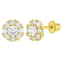 Yellow Gold Plated Clear and Purple Cubic Zirconia Flower Safety Screw Back Earrings for Little Girls 7mm - Round Purple and Clear CZ Flower Screw Back Earrings Stud for Toddler Girls