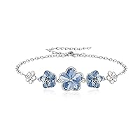 Austrian Crystal 3 Flowers Heart Charm Adjustable Link Bracelet Gifts for Women Girls Birthday Light Blue Silver-Tone