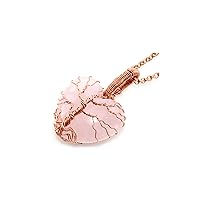 Heart Shape Natural Rose Quartz Necklace, Tree of Life Pendant, Copper Wire Jewelry, Lovely Gift For Her