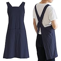 Japanese Linen Cross Back Kitchen Cooking Aprons for Men with Pockets for Baking Painting Gardening Cleaning Navy