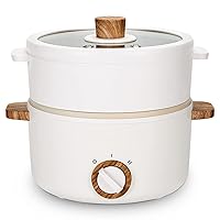 KINBEDY Electric Hot Pot with Steamer Upgraded, Non-Stick Sauté Pan, Small Electric Skillet, Ramen Cooker, 1.5L Mini Pot for Steak, Egg, Fried Rice, Oatmeal, Soup with Power Adjustment White