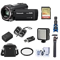 Panasonic HC-V785K Full HD Camcorder with 20x Optical Zoom Bundle with 64GB SD Memory Card, Shoulder Bag, Mic, Extra Battery, Tripod, LED Light, 49mm Multi Coated UV Slim Filter, Cleaning Kit