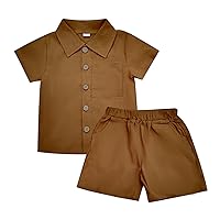 Neutocd Baby Boy Toddler Clothes Solid Cotton Linen Short Sleeve Shirt Shorts Set Outfits with Pockets Brown 12-18M