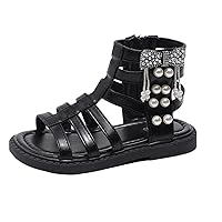 Kids Toddler Girls Sandals Pearl Open Toe Gl𝐚diator Strappy Low Heels Sandals Summer Shoes with Zipper