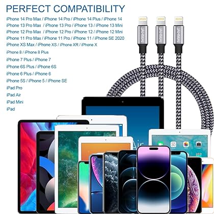 iPhone Charger, JAHMAI Nylon Braided Lightning Cable[Apple MFi Certified]3Pack 6ft Fast Charging High Speed Data Sync Phone Cord Compatible with iPhone 14 13 12 11 Pro XS MAX XR XS X 8 7 Plus SE iPad