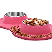 Dog Bowls Set, Double Stainless Steel Feeder Bowls and Wider Non Skid Spill Proof Silicone Mat Pet Puppy Cats Dogs Bowl, Pink