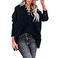 Women's V-Neck Hooded Bat Sleeve Sweater Button Henley Hoodies Pullover Long Spliced Loose Jumpers Ribbed Tops