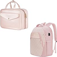 MATEIN Toiletry Bag, Hanging Travel Makeup Bag for Women, Large Waterproof Cosmetic Bags Travel Organizer, Pink Backpack for Women, Anti Theft 17 Inch Laptop Backpack with USB Charging Port