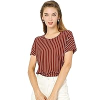 Allegra K Women's Round Neck Blouses Short Sleeve Vertical Striped Shirt