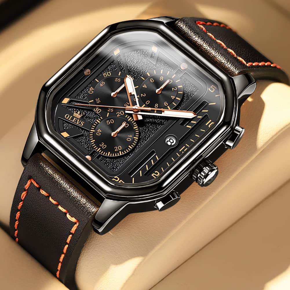 OLEVS Square Watches for Men Leather Chronograph Analog Quartz Dress Watch Sports Fashion Waterproof Luminous Casual Wrist Watches