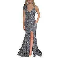 Sequin Evening Gowns for Women Formal Mermaid Prom Dresses with Slit Bows Sparkly Long Homecoming Dresses