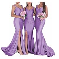 Women's Mermaid Bridesmaid Dresses with Spaghetti Strap Ruched Satin Formal Evening Prom Gowns