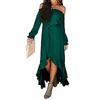 Happy Sailed Womens Off The Shoulder Dress Casual Short Sleeve High Low Ruffle Long Maxi Beach Party Dresses