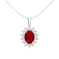 Natural Ruby Oval Shaped Diana Pendant Necklace with Diamond for Women in Sterling Silver / 14K Solid Gold