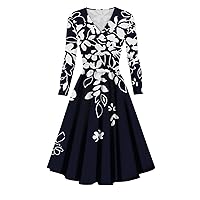 Vintage Dress for Women Fashion Print Elegant A Line Pleated Slim Fit with Long Sleeve V Neck Tunic Dresses