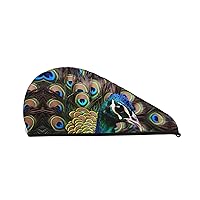 Fresh Peacock Print Dry Hair Cap for Women Coral Velvet Hair Towel Wrap Absorbent Hair Drying Towel with Button Quick Dry Hair Turban for Travel Shower Gym Salons