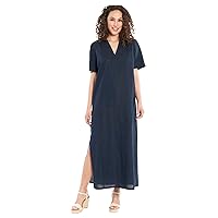 London Times Women's Linen Maxi, Collared V-Neck and Slits | Versatile Summer and Casual Dresses