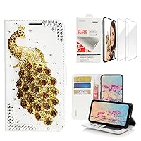 STENES Bling Wallet Phone Case Compatible with OnePlus Nord N200 5G - Stylish - 3D Handmade Peacock Design Leather Cover with Screen Protector [2 Pack] - Gold