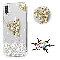 STENES Bling Case Compatible with iPhone 12 Pro Max Case - Stylish - 3D Handmade [Sparkle Series] Bling Butterfly Lace Design Crystal Rhinestone Glitter Cover Case - White
