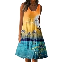 Dresses for Women 2024 Casual Sleeveless Dresses Plus Size Summer Floral Dresses Crewneck Pleated Tunic Dresses