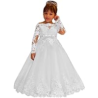 Flower Girl Dresses for Wedding Lace Long Sleeve Tulle Pageant Prom with Bow White Ball Gown Size 6