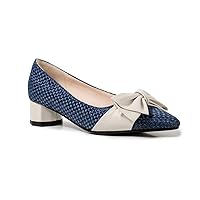 LEHOOR Women Pointed Closed Toe Mid Chunky Heel Pumps Slip On Bow Two Tone Patchwork Comfortable Dress Shoes 4-15 M US