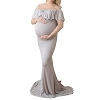 Women Off Shoulder Ruffles Slim Fit Maxi Dress (Gray, X-Large)