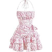 Narecte Summer Dresses for Women,Tie Backless Mini Dress,Halter Dress,Floral Print Short Dresses,Ruffle Trim Casual Dresses