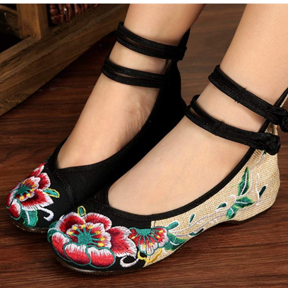 BININBOX Women Chinese Embroidered Flower Flat Bridal Mary Jane Ballet Shoes