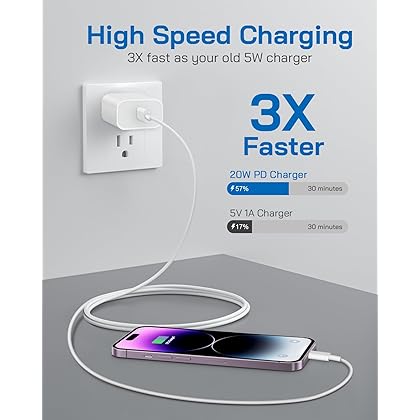 iPhone Charger, 3-Pack [MFi Certified] 20W PD USB C Fast Wall Charger with 6ft Lightning Cable, Apple Charging Cord for iPhone 14/14 Pro/13/13 Pro/12/12 Pro/11/Xs/XR/SE 2020/ iPad, and More