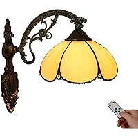 Tiffany Style Wall Sconce Battery Operated Led Dimmable Rechargeable Wall Light Amber Glass Wall Lamp Wall Decorative Bedside Lamp with Remote for Bedroom Staircase Hotel