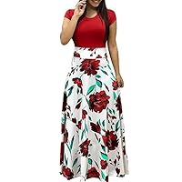 Fit and Flare Dress for Women, Blazer Dress White Dress Women Short Sleeve Dress Womens Dressy Ethnic Printed Trendy Large Size Maxi Ladies Round Neck Floral Printting Trendy