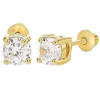 Gold Plated Clear Cubic Zirconia April Prong Set Screw Back Earrings for Kids & Teens - Beautiful and Stylish Prong Set Clear CZ Safety Screw Back Earrings for Little Girls
