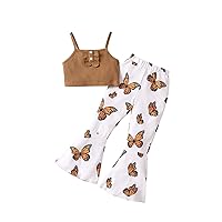 Girl's 2 Piece Outfits Sleeveless Ribbed Knit Crop Camisole Tops and Butterfly Flare Leg Pants Set