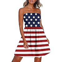 4th of July Women American Flag Casual Bandeau Dresses Summer Smocked High Waist Strapless Flowy A-Line Beach Dress