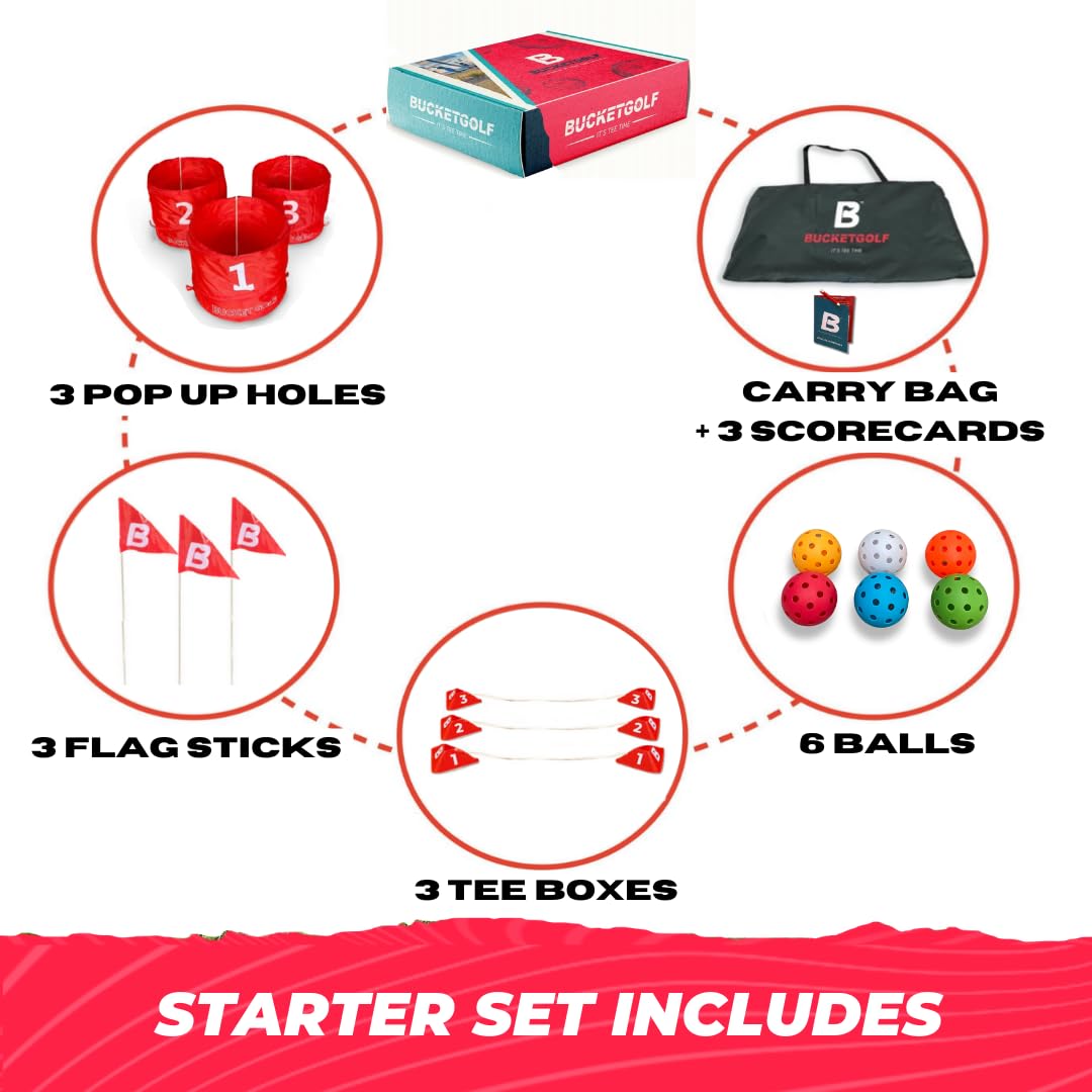 bucketgolf Game 3 Hole Starter Set - New Outdoor Yard Golf Game Levels Family, Adults, Kids, Party, Lawn, Camping, Beach.