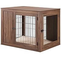 unipaws Furniture Style Dog Crate for Medium Large Dogs, Indoor Aesthetic Dog Stuff Kennel, Modern Decorative Wood Wire Pet House Dog Cage, Pretty Cute End Side Table Nightstand, Walnut