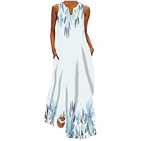 Sundresses Women 2024 Printed Long Dress Summer Sleeveless V Neck Tank Maxi Dresses Loose Fit Beach Dress with Pockets