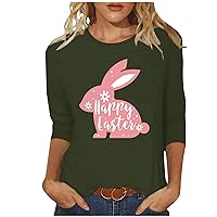 Women's Easter Day 3/4 Sleeve Shirt Crewneck Happy Bunny T Shirts Boho Tees Tunic Top Lightweight Blouses
