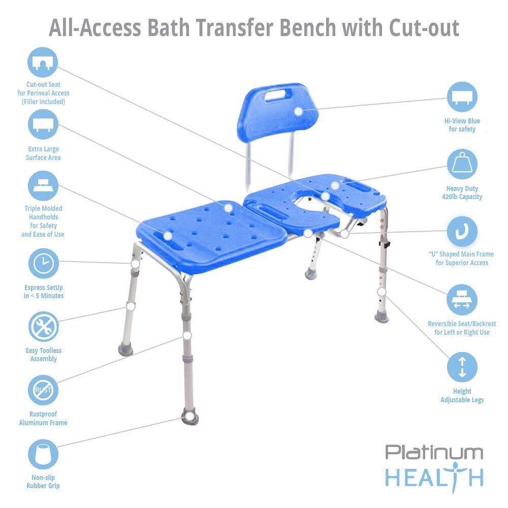 Bath Transfer Bench with Cutout Shower Seat, Deluxe All-Access Chair for Tub and Shower Transfers, Raised Toilet Seat for Seniors and Elderly Bathroom, Adjustable Height, Includes Insert, Blue