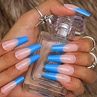 Outyua Ombre French Nails Tips Press on Nails Coffin Ballerina Gradeint Fake Nails Blue Super Long False nails Acrylic Halloween Christmas Nails for Women and Girls 24Pcs (French Blue)
