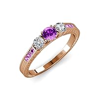 Amethyst and Diamond 3 Stone Ring with Side Amethyst 0.80 ct tw in 14K Rose Gold