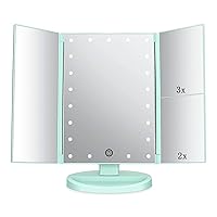Tri-fold Lighted Vanity Makeup Mirror with 3x/2x/1x Magnification, 21Leds Light and Touch Screen,Dual Power Supply,Portable LED Travel Makeup Mirror, Women Gift (Green)