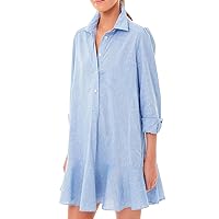 Womens Casual Button Down Shirt Dress Long Sleeve Collared Pleated Swing Mini Dresses Tunic Blouse Top
